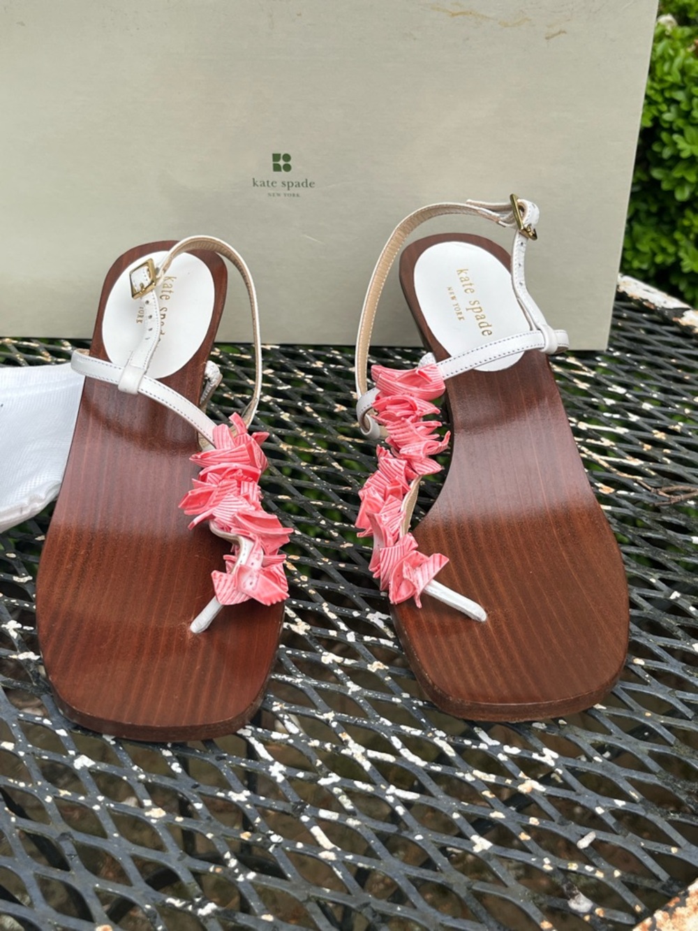 Kate Spade White Leather T-Strap Sandals with Pink Ruffle Detail